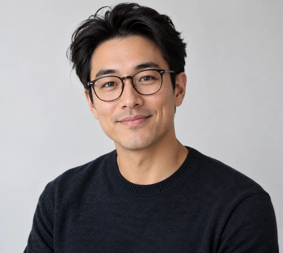 戴眼镜的男士身穿深色圆领毛衣的 AI 自由职业者形象照